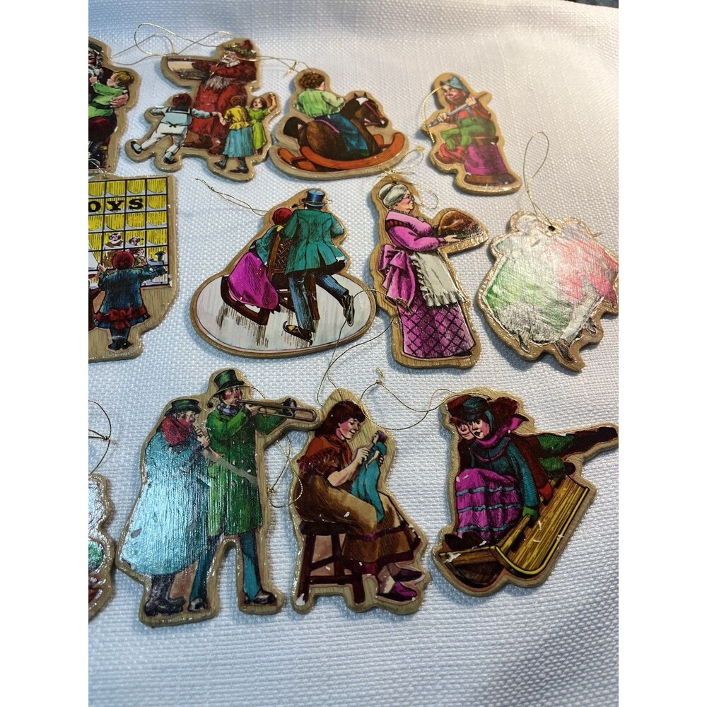 Vtg Balsa Wood Christmas Ornaments Victorian Scene Cut-Outs Decoupage Set of 31